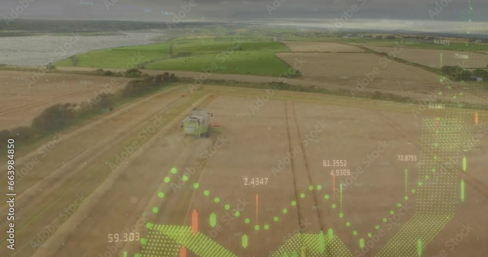Poster animation of graphs with numbers over aerial view of tractor in field against sky