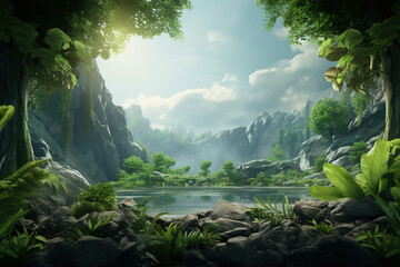 Rainforest illustration: Wild jungle where sunlight meets the shimmering lake. Trees frame the scene, and a distant waterfall cascades down. View from outside the forest. - Powered by Adobe