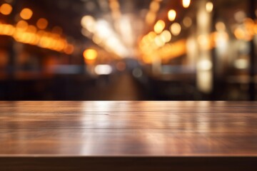 Warm toned wooden table against blurred city lights, an inviting display space with an urban evening ambiance.