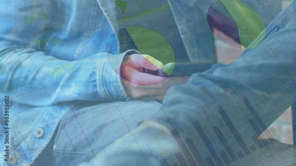Poster animation of infographic interface, midsection of caucasian man scrolling on smartphone