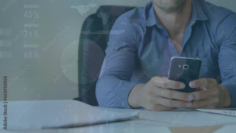 Poster animation of infographic interface over smiling caucasian man using cellphone in office