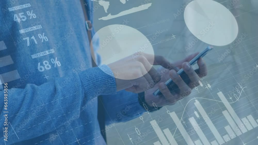 Poster animation of infographic interface over midsection of caucasian man using smartphone