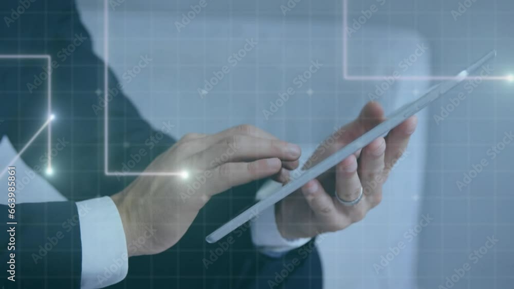Aufkleber animation of dots forming lines over midsection of businessman scrolling on digital tablet