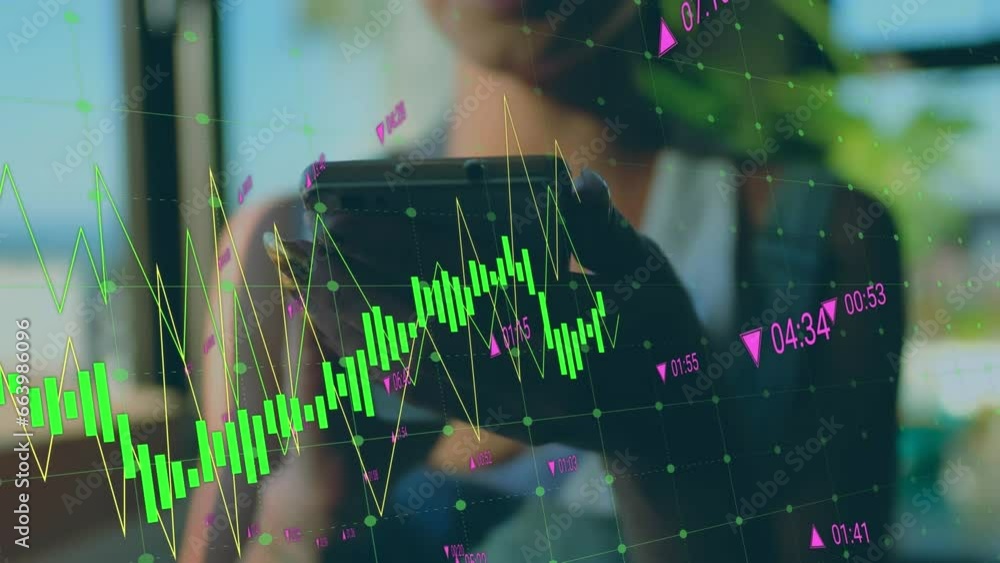 Poster animation of multiple graphs with changing numbers over biracial woman typing on smartphone