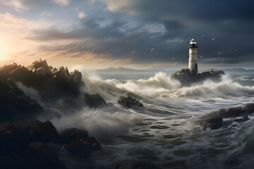 Fototapeta na wymiar Solitary lighthouse on a wind-swept coastline emphasizing the vastness of the ocean