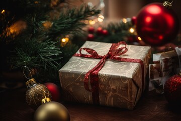 Christmas gift box against a festive holiday background.