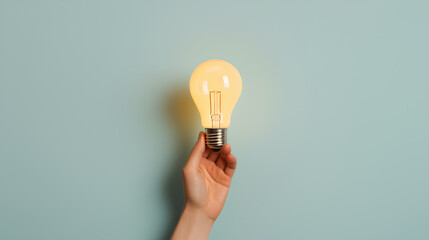 Closeup of a hand holding an incandescent light bulb. creative business ideas Idea inspired by a light bulb on blue background. Successful concept.