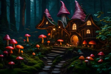 Night outside View of mashroom house in the forest 