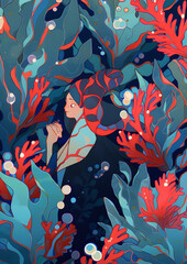 Obraz na płótnie Canvas Underwater themed illustration. Coral and fish motives. Idea for an Vertical Poster Print 