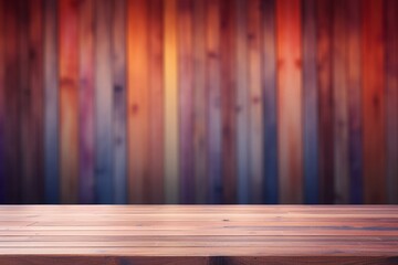 Warm toned wooden table against blurred city lights, an inviting display space with an urban evening ambiance.