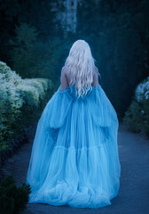 A luxurious blue dress with a long train flutters in the wind. Photo from the back without a face.