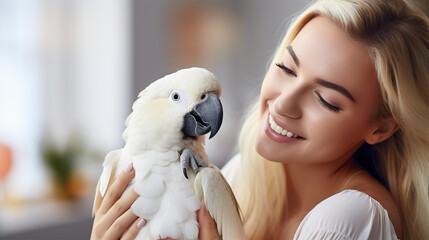 Attractive woman with her pet Parrot bird