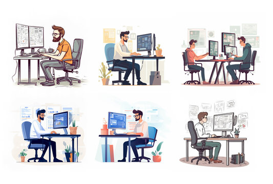 Young man, professional working in office by computer. Set of illustrations at white background  