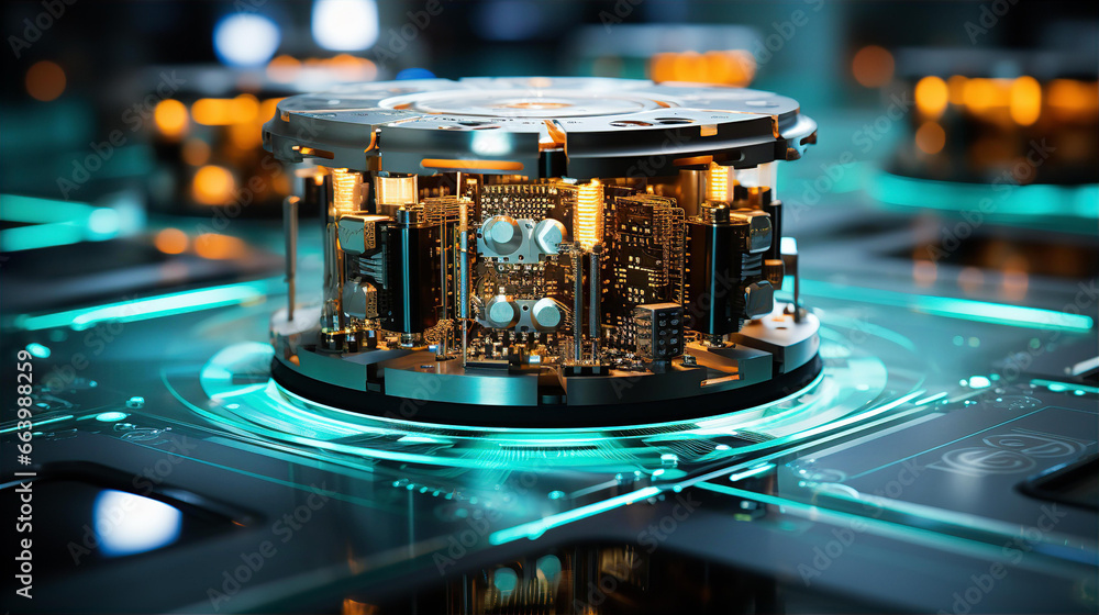 Wall mural quantum chip, part of quantum computer. how quantum technology may look-like. technology and science