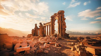 Foto auf Acrylglas Altes Gebäude Beautiful ruins of ancient temples in Jordan desert. Temples with columns at sunset, travel and history concept