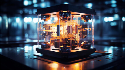 Quantum chip, part of quantum computer. How quantum technology may look-like. Technology and science concept image  - obrazy, fototapety, plakaty