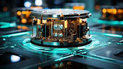 Quantum chip, part of quantum computer. How quantum technology may look-like. Technology and science concept image 