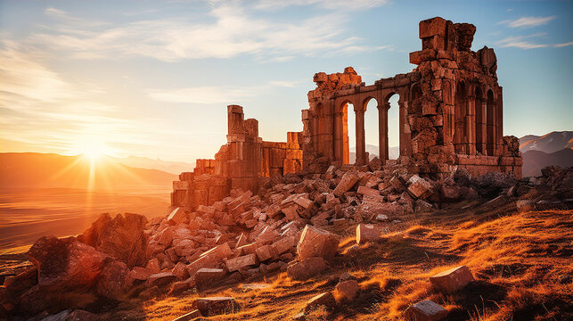 Beautiful ruins of ancient temples in Jordan desert. Temples with columns at sunset, travel and history concept