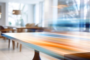 Warm toned wooden table against blurred city lights, an inviting display space with an urban evening ambiance.