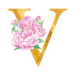 Watercolor gold english alphabet. Peonys rose botanic flower branch bouquet composition. Wedding invitations, baby shower, birthday card, monogram, logo. Art for design. Letter V