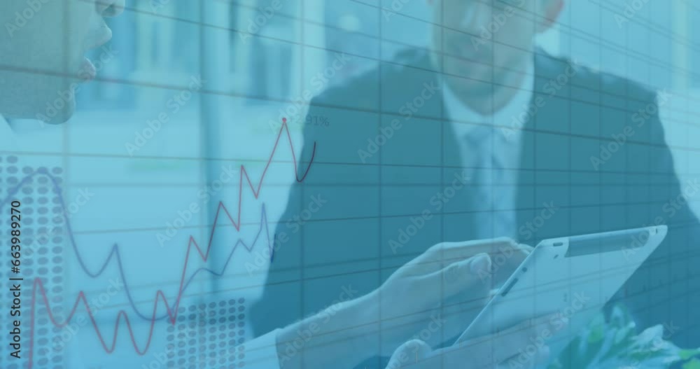 Poster animation of graphs with changing numbers, diverse coworkers discussing report on digital tablet