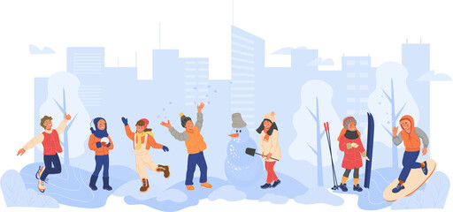 Children playing snow games and performing winter sport activity in city. Winter modern town background with playing kids.