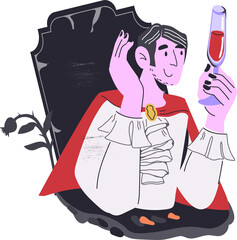 Halloween Dracula personage celebrating holiday in his tomb.  Comic design for Halloween cards and banners.