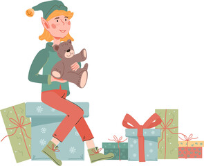 Cute and happy Christmas elf boy sitting on stack of gift boxes, flat  illustration. Christmas elf with toys and gifts.