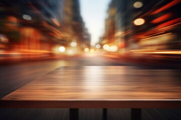 Warm toned wooden table against blurred city lights, an inviting display space with an urban evening ambiance.