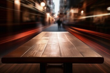 Warm toned wooden table against blurred city lights, an inviting display space with an urban evening ambiance.