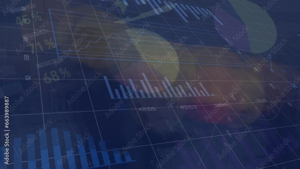 Poster animation of multiple graphs, changing numbers, loading circles over lens flares