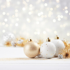 Christmas greeting card. Festive decoration on bokeh background. New Year concept.