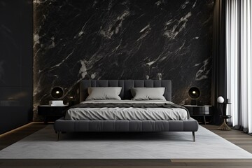 Modern bedroom with black marble wall, features a bed and side table. 3D illustration. Generative AI
