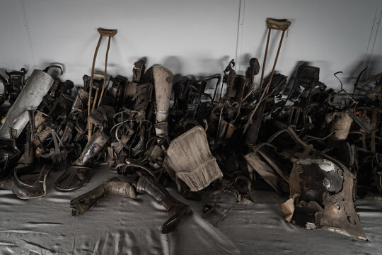 Poland Auschwitz August 2, 2023. Concentration death camp. Prosthetics and other items for disabled prisoners.