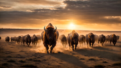 photo of a bison stampede in the US prairie, bisons running, dust, sunset - obrazy, fototapety, plakaty