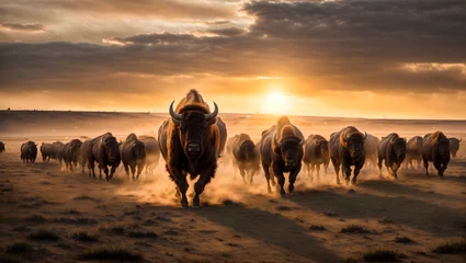 Fototapeten photo of a bison stampede in the US prairie, bisons running, dust, sunset © Amir Bajric