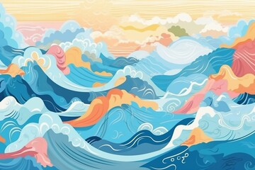 Fototapeta na wymiar Colorful pop blue sea wave washi texture background material. Generative AI