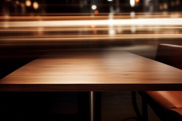 Fototapeta na wymiar Warm toned wooden table against blurred city lights, an inviting display space with an urban evening ambiance.