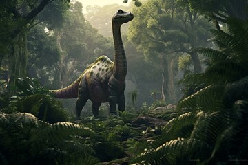 A peaceful scene of a brachiosaurus in a lush jungle habitat. Generative AI - obrazy, fototapety, plakaty
