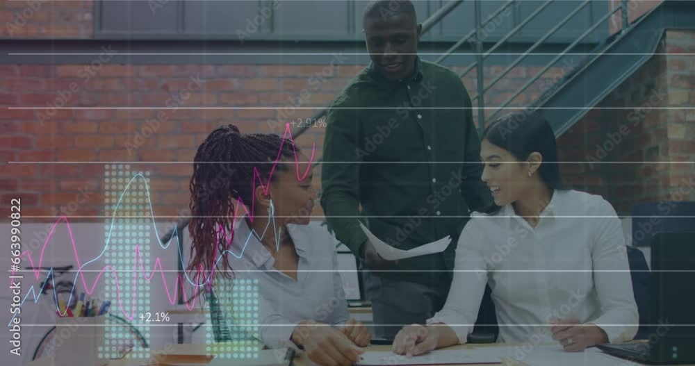 Poster animation of multiple graphs with changing numbers, diverse coworkers discussing in office