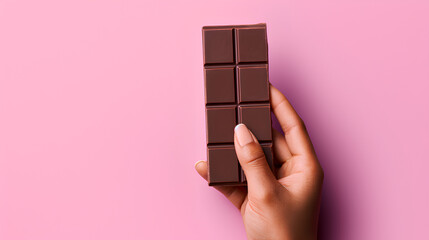 Human hand holding organic chocolate bar on pink background, close-up of hand.