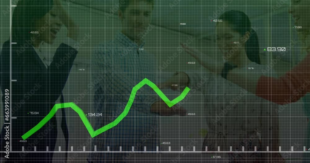Poster animation of graphs with changing numbers, diverse coworkers discussing and putting hands together