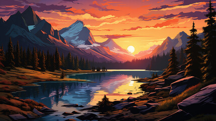 Fototapeta na wymiar Beautiful lake among the pine trees forest with snow mountains or alps during sunrise or sunset, in landscape comic style. Digital illustration generative AI.