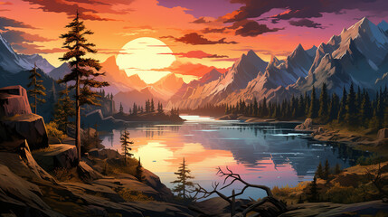 Beautiful lake among the pine trees forest with snow mountains or alps during sunrise or sunset, in landscape comic style. Digital illustration generative AI.