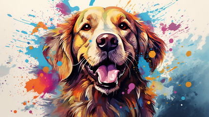 Adorable golden retriever dog in mixed grunge color illustration. - obrazy, fototapety, plakaty