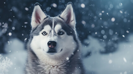 Naklejka premium Cool looking Siberian Husky dog isolated on snowing background. Christmas theme.