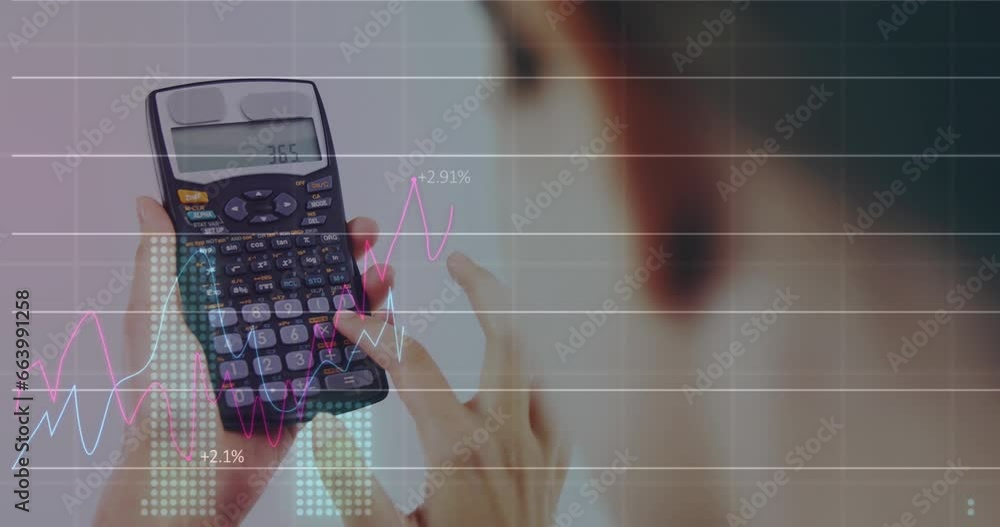 Poster animation of multiple graphs with changing numbers over caucasian woman using calculator
