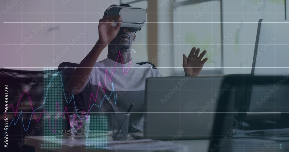 Poster animation of graphs with changing numbers, african american man gesturing and using vr headset