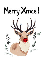 Merry Xmas! - Frohe Weihnachten, Rentier, Sticker, Weihnachtskarte Design, Rudolph - Vektor - Illustration.