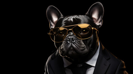 Cool looking french bulldog dog wearing suit, tie and sunglasses isolated on dark background with copyspace for text. Digital illustration generative AI.